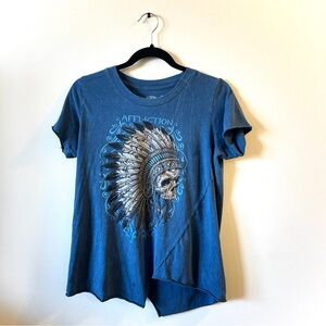 Affliction medium blue short sleeve top. Distressed and worn look, angled bottom